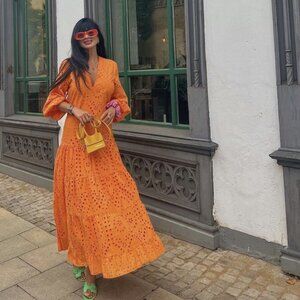 Zara Collection Eyelet Embroidered Cotton Belted Maxi Dress Orange Small